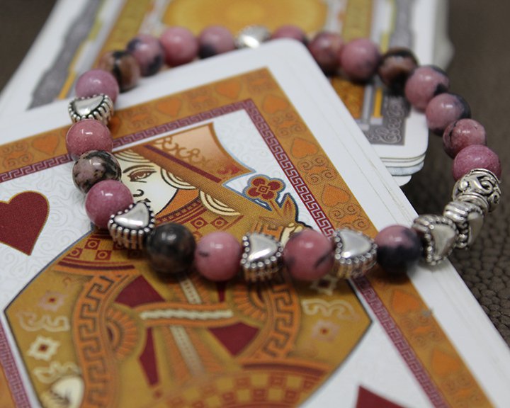 Pink Zebra Jasper with Pewter Hearts Bracelet