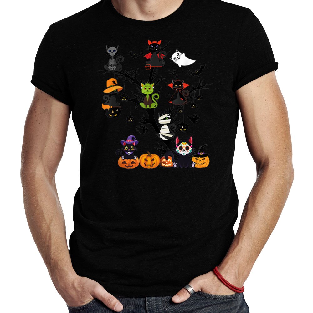 Black Cat Halloween Tree With Pumpkin Ghost Witch Cat Lovers Shirt
