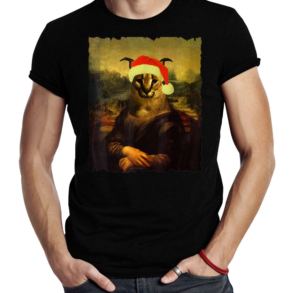 Big Floppa Cat Meme Christmas Hat Funny Distressed Mona Lisa Shirt