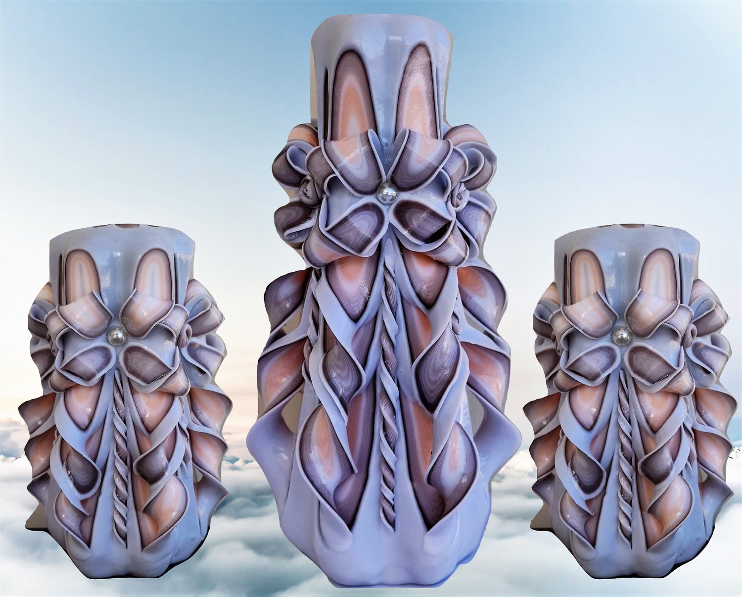 Carved candles, Handmade home decor colourful design, Carved candles set white grey
