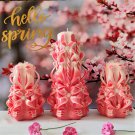 Carved candles set, Home decor handmade gift, Colourful art design coral pink cream