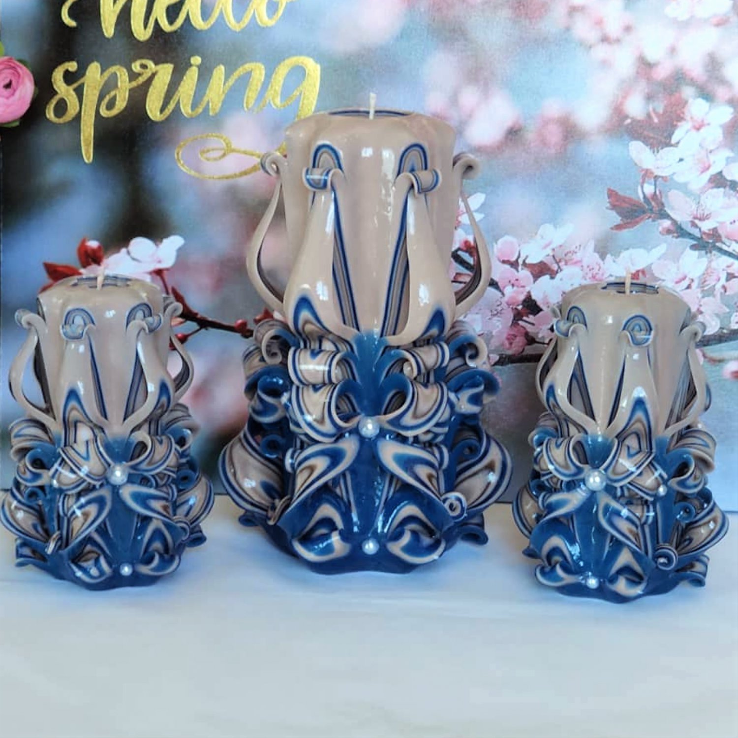 Carved candles handmade, Home decor art design, Handcarved blue gray gift set of three