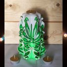Hand carved candle, Home decor handmade gift green white, With clever base