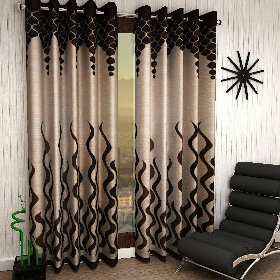 Set of 2 x 7ft Modern Polyester Window/Door Curtains With Hanging Eyelets, Brown