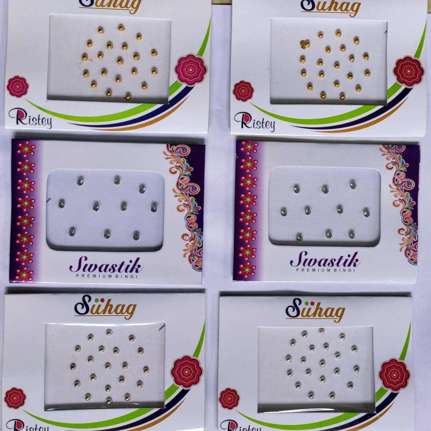 Small Silver,Gold & Stone Bollywood Style Dot Bindi  for Ladies (6 Packets)