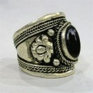 Big Adjustable Tibetan Silver Plated Oval Onyx Gemstone Carved Dorje Amulet Ring