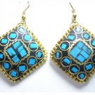 Pair Tibetan Turquoise Gemstone Inlay Diamond Shaped Brass Pendant Earrings