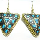 Pair Tibetan Inverted Triangle Turquoise Gemstone Inlay Brass Pendant Earrings