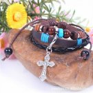 Beckham Braided Hemp Leather 3 Layer Carve Crucifix Cross Beaded Unisex Bracelet