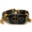 Large Thick Leather Band Hemp Cord Braided Yak Bone Crucifix Cross Slip Bracelet