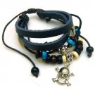 Beckham Surfer Braided Hemp Leather 6 Layer Skull Charm Beaded Bracelet