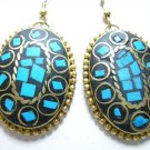 Pair Tibetan Oval Natural Turquoise Gemstone Inlay Brass Pendant Amulet Earrings