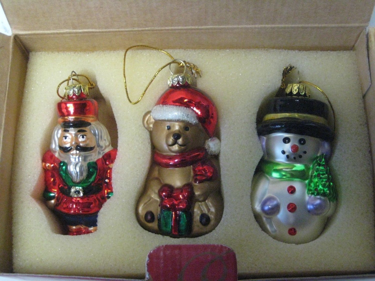 Avon Traditional Glass Ornament Set Of 3 In Box Bear, Snowman, Nutcracker