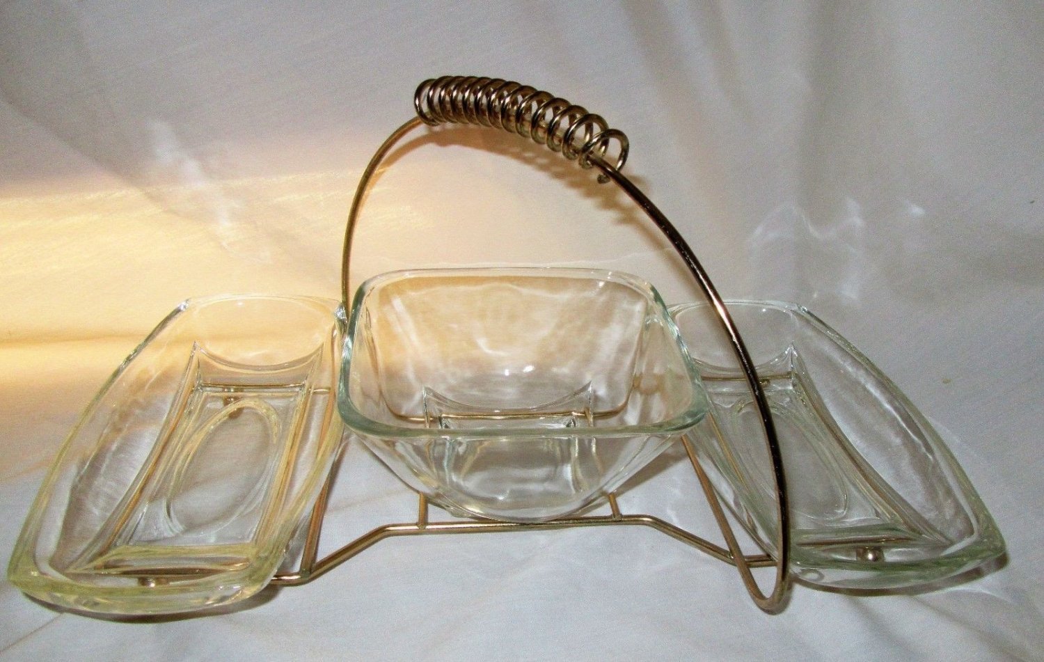 Vintage Relish Glass Insert Trays With Gold Wire Carrier Retro Heavy Glass