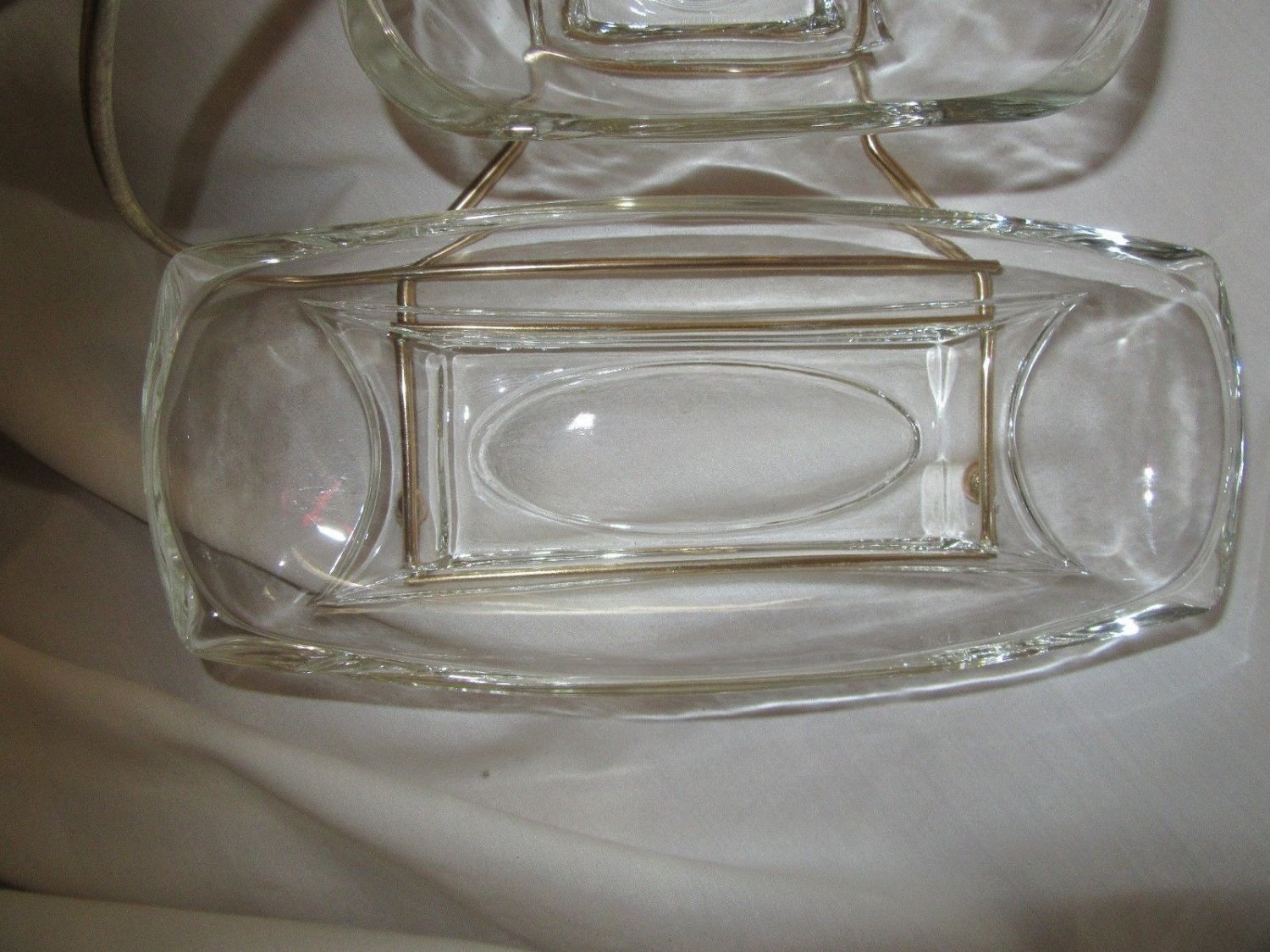 Vintage Relish Glass Insert Trays With Gold Wire Carrier Retro Heavy Glass