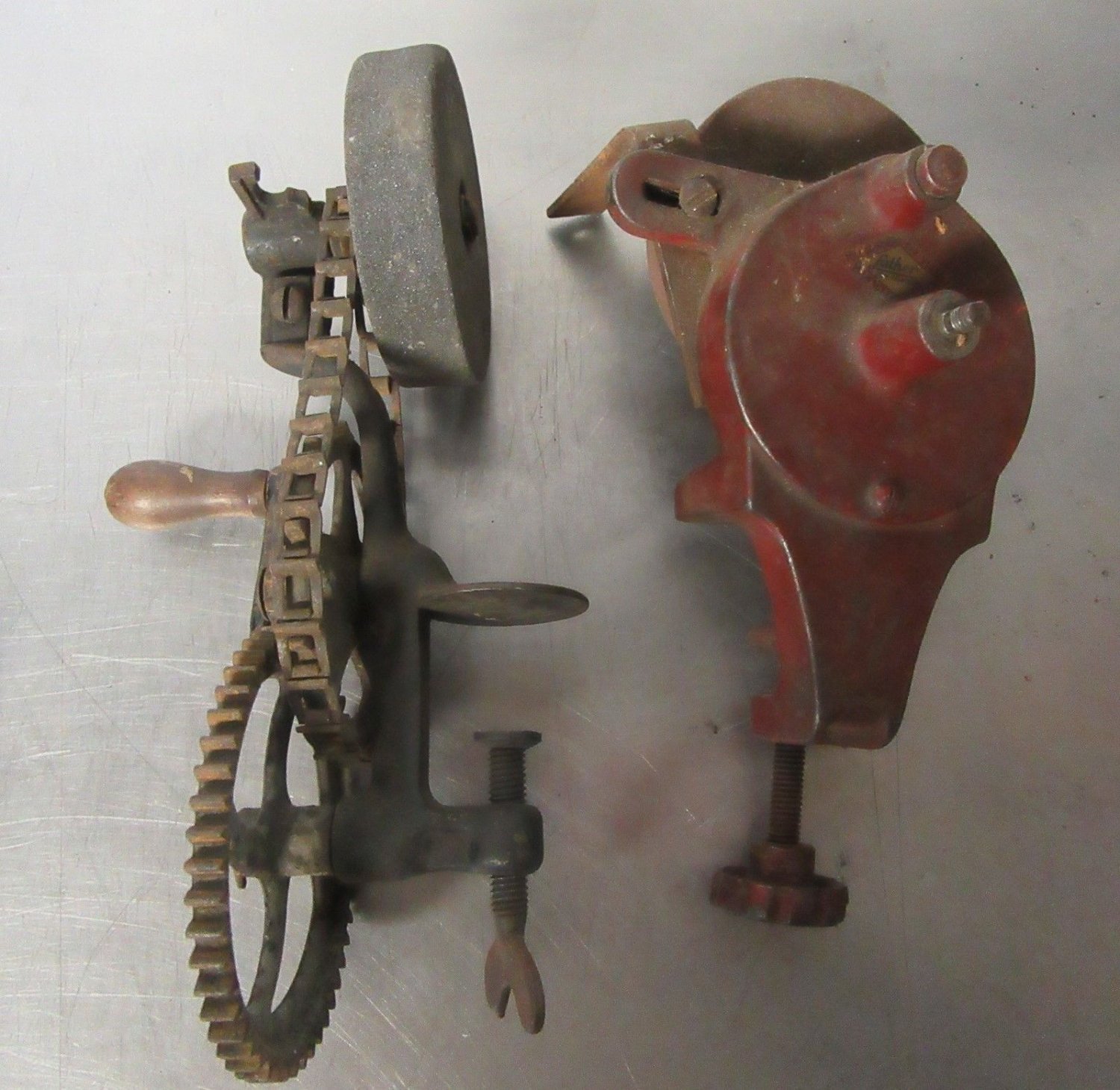 2 Antique Tool Grinders Chain Driven Hand Crank Sharpener Blacksmith