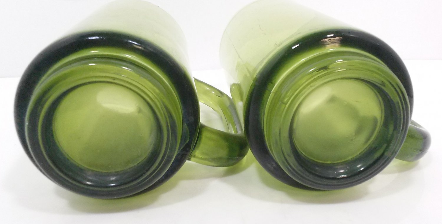 Green Glass Beer Mugs, Handled Mugs, Vintage Barware