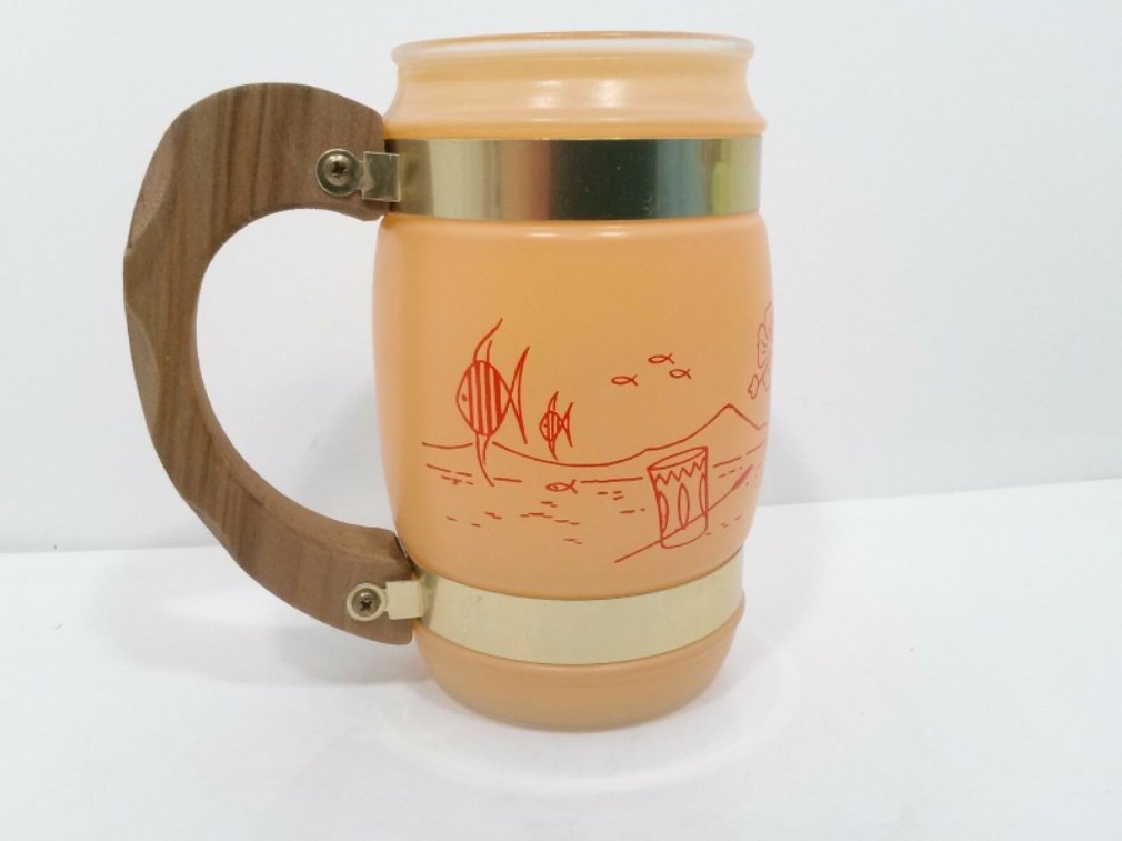 Vintage Siesta Ware Tiki Bar Frosted Glass Mug Wood Handle Peachy Orange