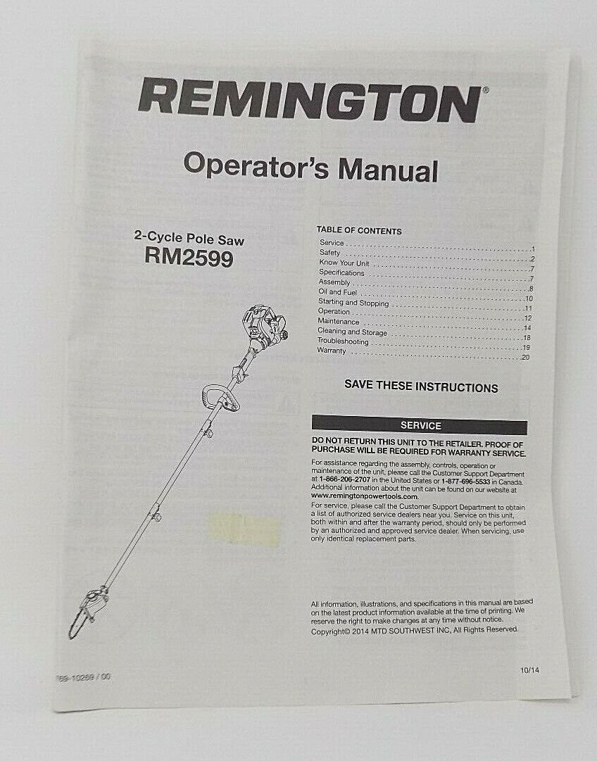 Remington 2Cycle Gas Pole Saw RM2599 Operator's Manual
