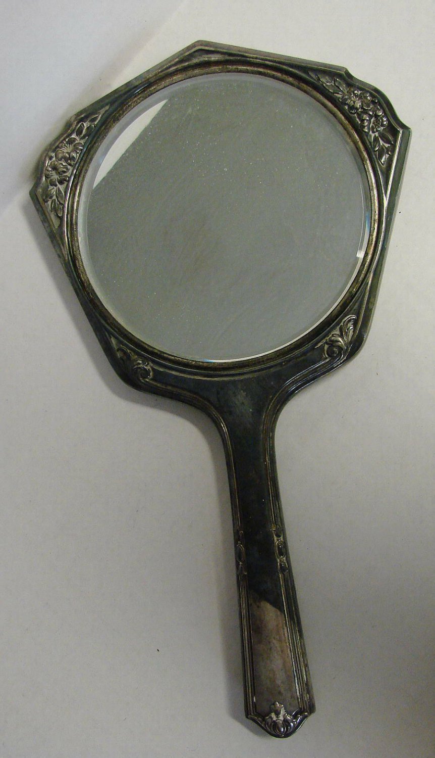 Vintage Silver Hand Held Repousse Vanity Mirror, Large Size