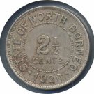 1920-H British North Borneo 2 1/2 Cents - VF, Key Date