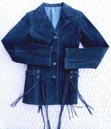 SUEDE JACKET  BLACK HIP LENGTH STITCHED STRAP BELTED 4 BUTTONS LINED SMALL