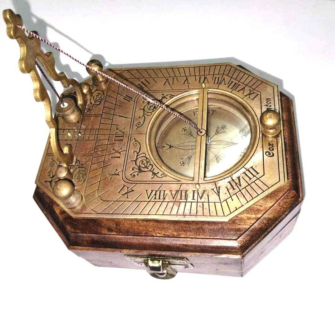 Antique Brass Sundial Compass Pendulum Compass With Wooden Box Collectible Gift