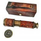 Nautical Antique Brass Telescope With Leather Beg In Brown Color