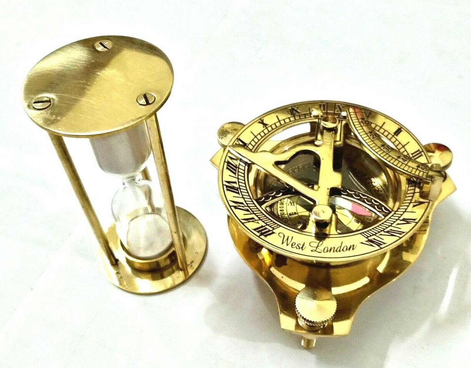 Brass Sundial Compass With Mini Sand Timer Brass Collectible Gift