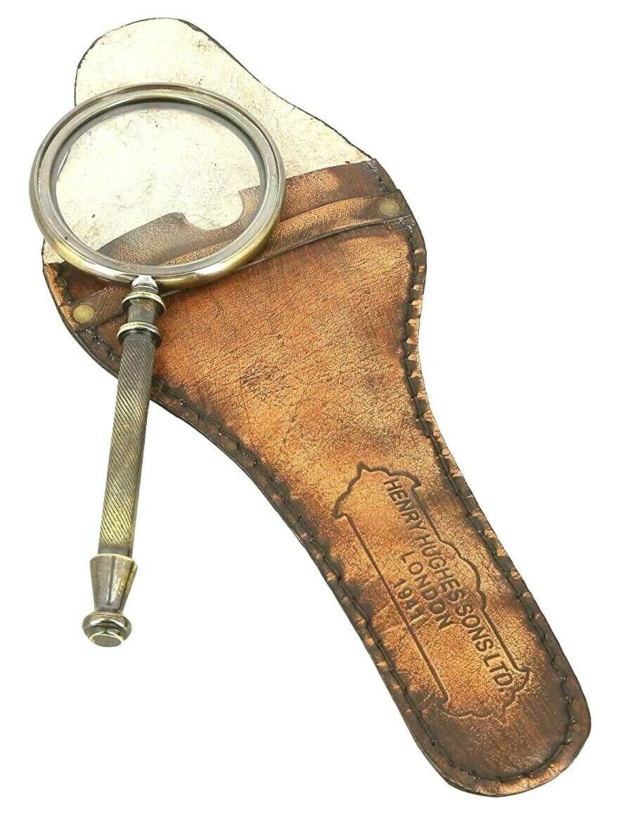 Antique Solid Brass Large Magnifying Glass in Leather Cover Gift