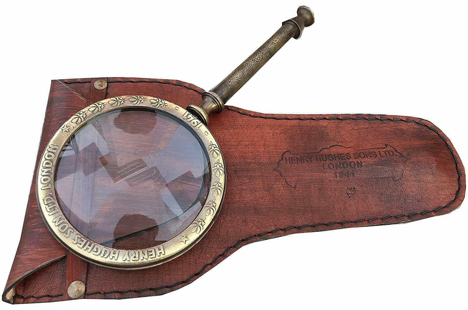 Brass Magnifying Glass With Leather Box For Desktop Decor Collectible Item