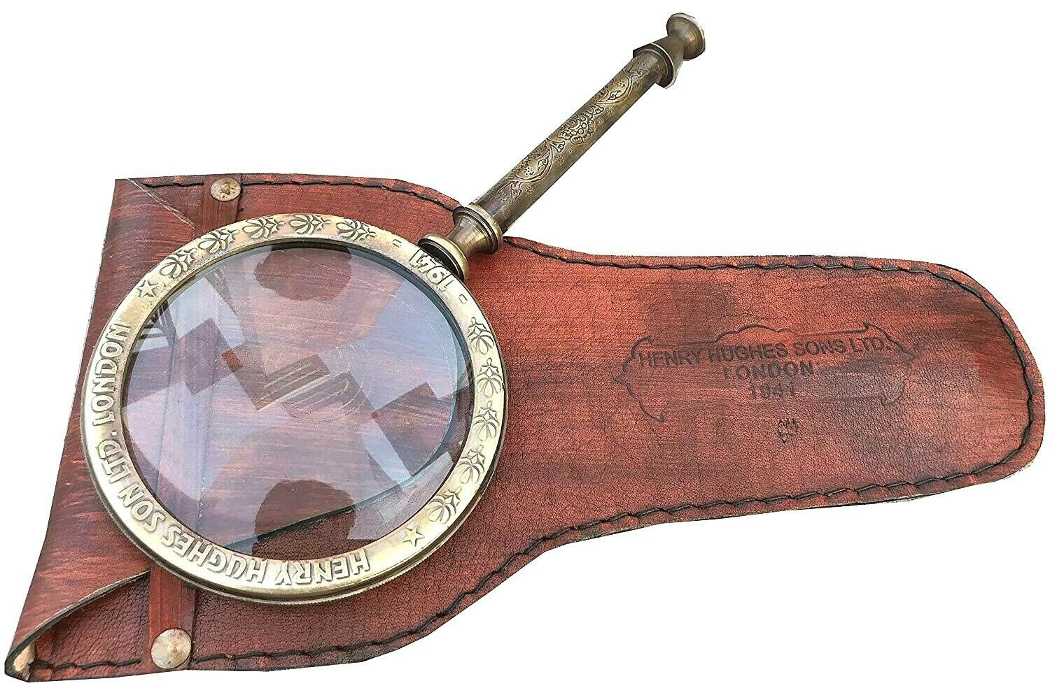 Antique Etching Style Solid Brass Large Magnifying Glass in Leather Cover Gift