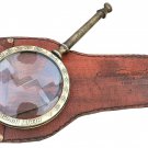 Antique Etching Style Solid Brass Large Magnifying Glass in Leather Cover Gift