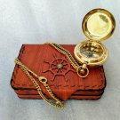 Brass Push Button Compass Chain With Leather Box Collectible Gift