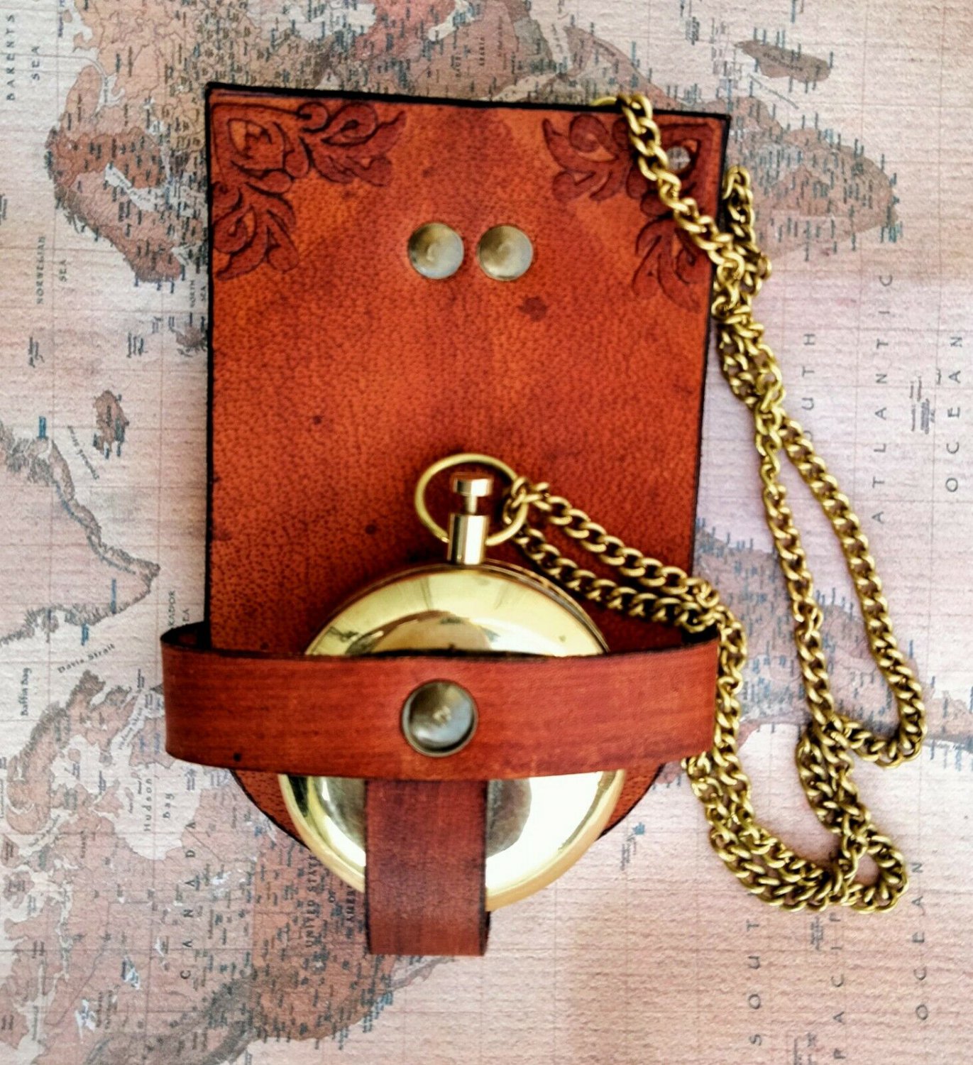 Brass Compass Pocket Chain Leather holder For Belt nautical Style Decorative
