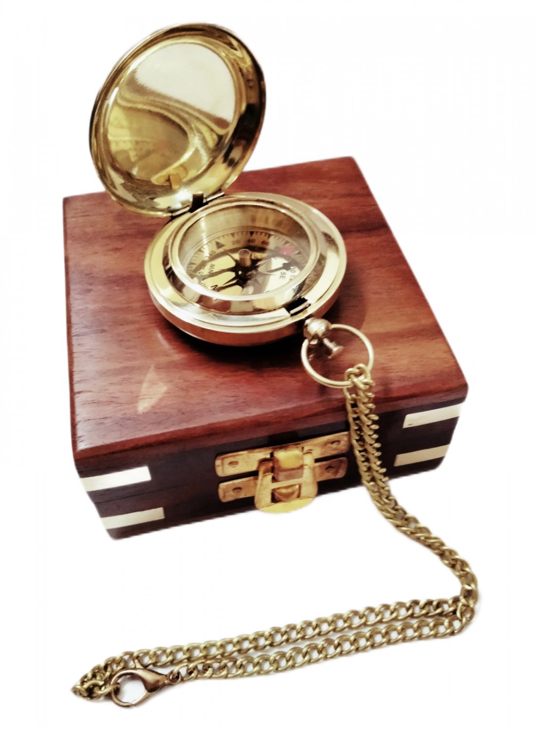 Brass Push Button Compass Shiny With wood Box Collectible Gift