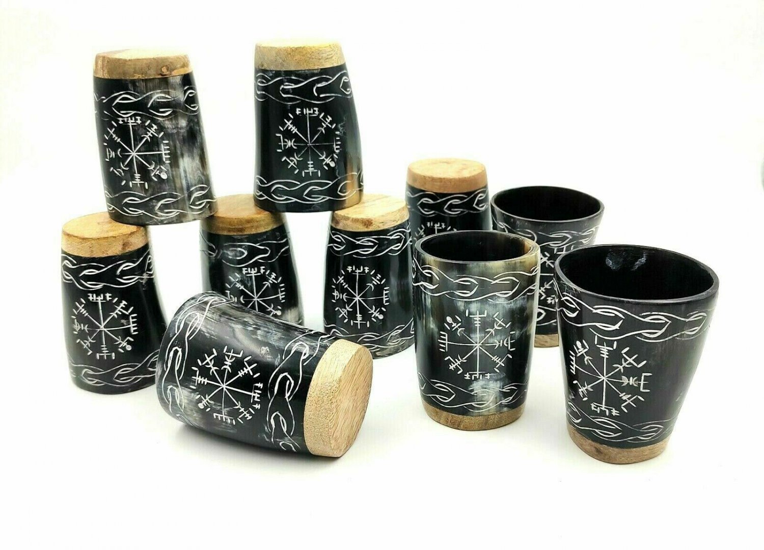 Royal Horn Made Shot Glass Set of 12 Vodka Shots Tequila Shots Glass wood base