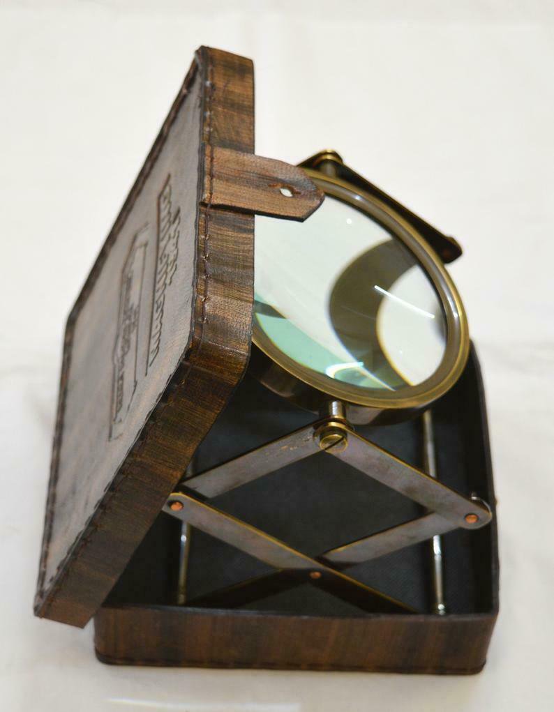 Antique Brass Folding Magnifying Glass Vintage With Leather Box Gift