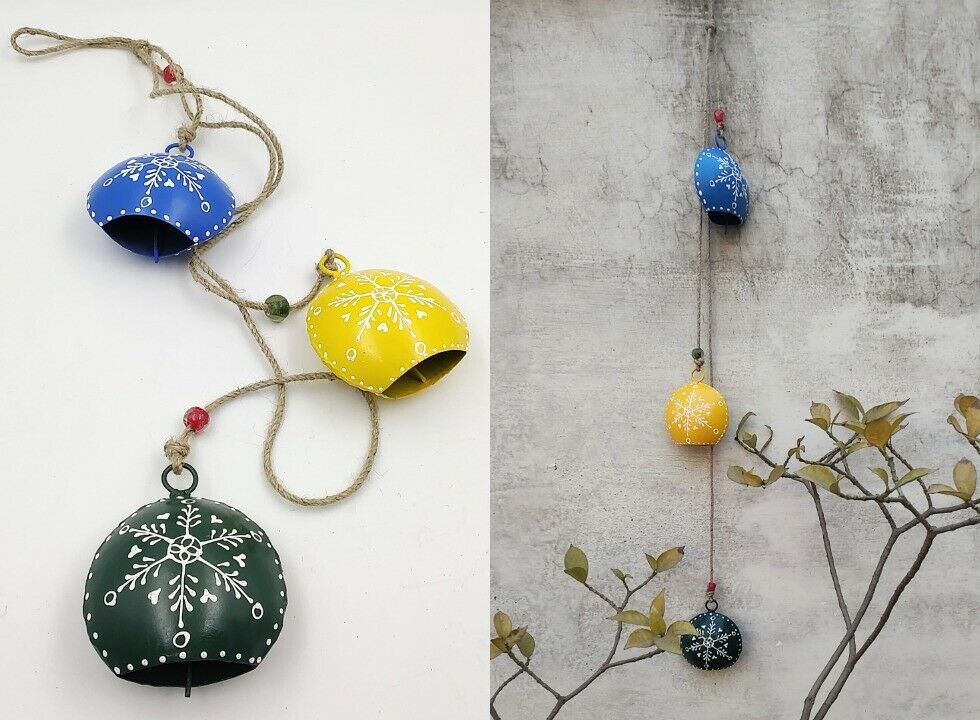Multicolour Round Big Metal Hand Painted 3 Bells Christmas Festive D&Atilde;&copy;cor Hanging