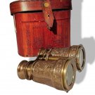 Antique Marine Brass Binocular Vintage Handheld Opera Glasses with Leather Box
