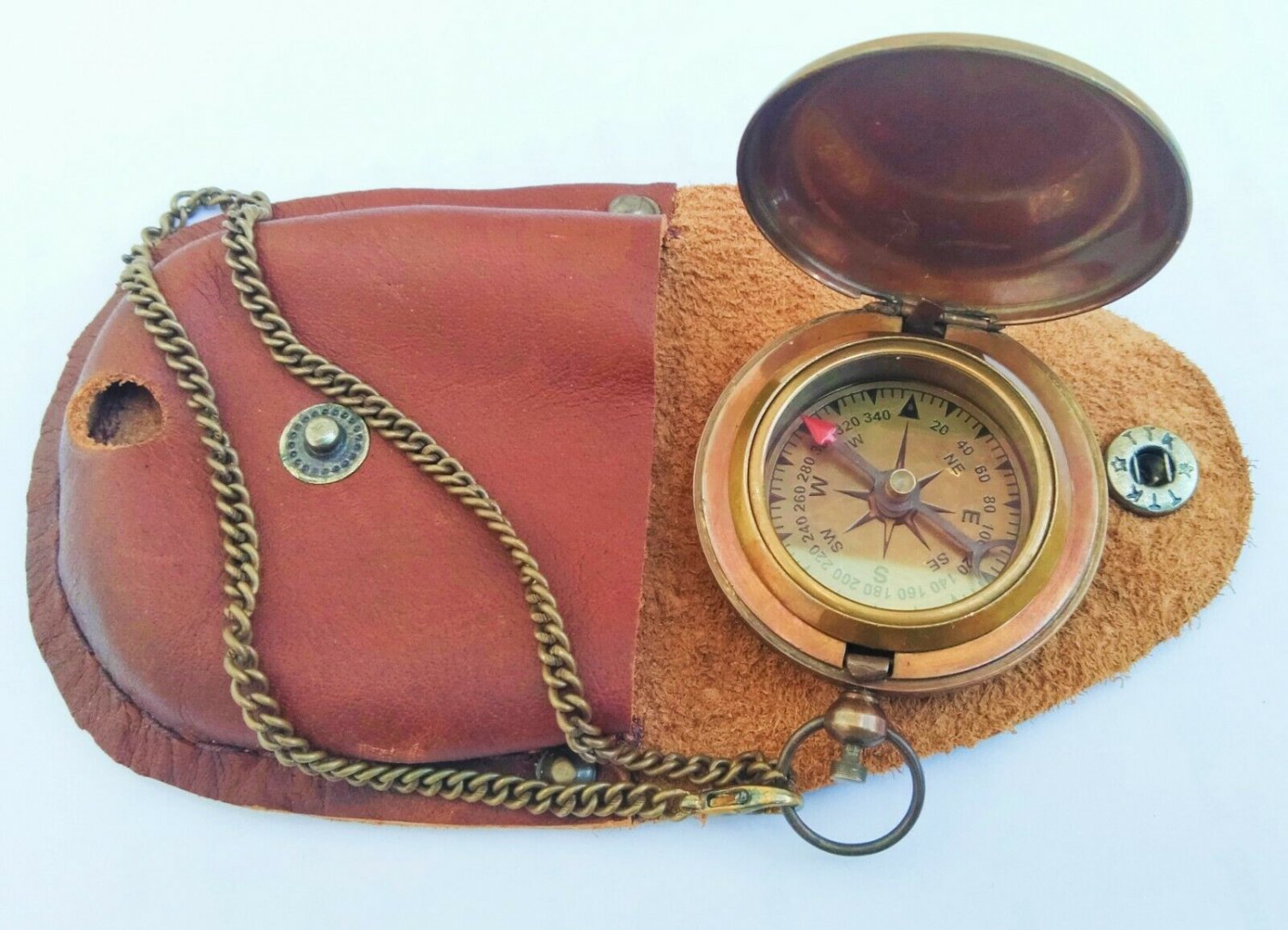 Antique Brown Finish Brass Push Button Compass Chain With Brown Leather Case
