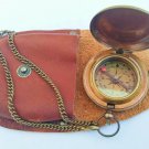 Antique Brown Finish Brass Push Button Compass Chain With Brown Leather Case