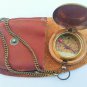 Antique Brown Finish Brass Push Button Compass Chain With Brown Leather Case