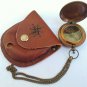 Antique Brown Finish Brass Push Button Compass Chain With Brown Leather Case
