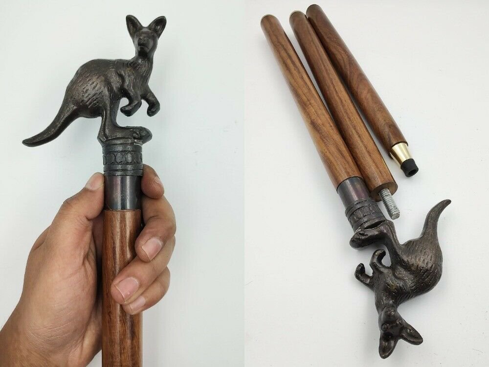 Metal Kangaroo Head Style Handle Canes Wood Walking Stick 3 Part Open Easily