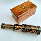 Antique Black Finish Brown Engraved Telescope 2 Fold With Wood Box Nautical Gift