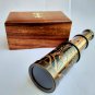 Antique Black Finish Brown Engraved Telescope 2 Fold With Wood Box Nautical Gift