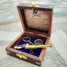 Set Brass keychain set compass magnifier telescope sand timer wood box Pirates