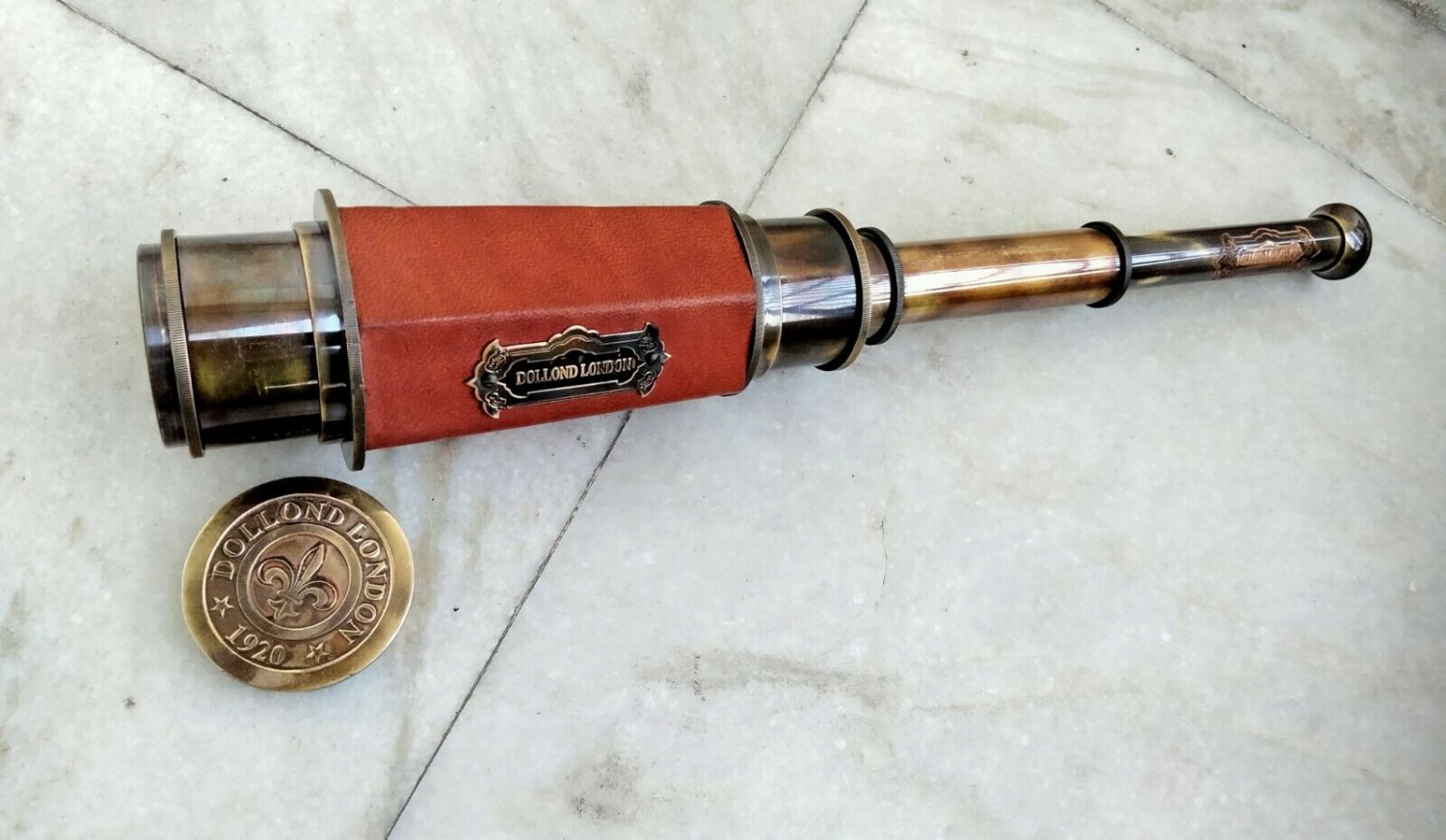 Nautical Marine Solid Brass & Leather Telescope Pirate Spyglass Hexagon Shape