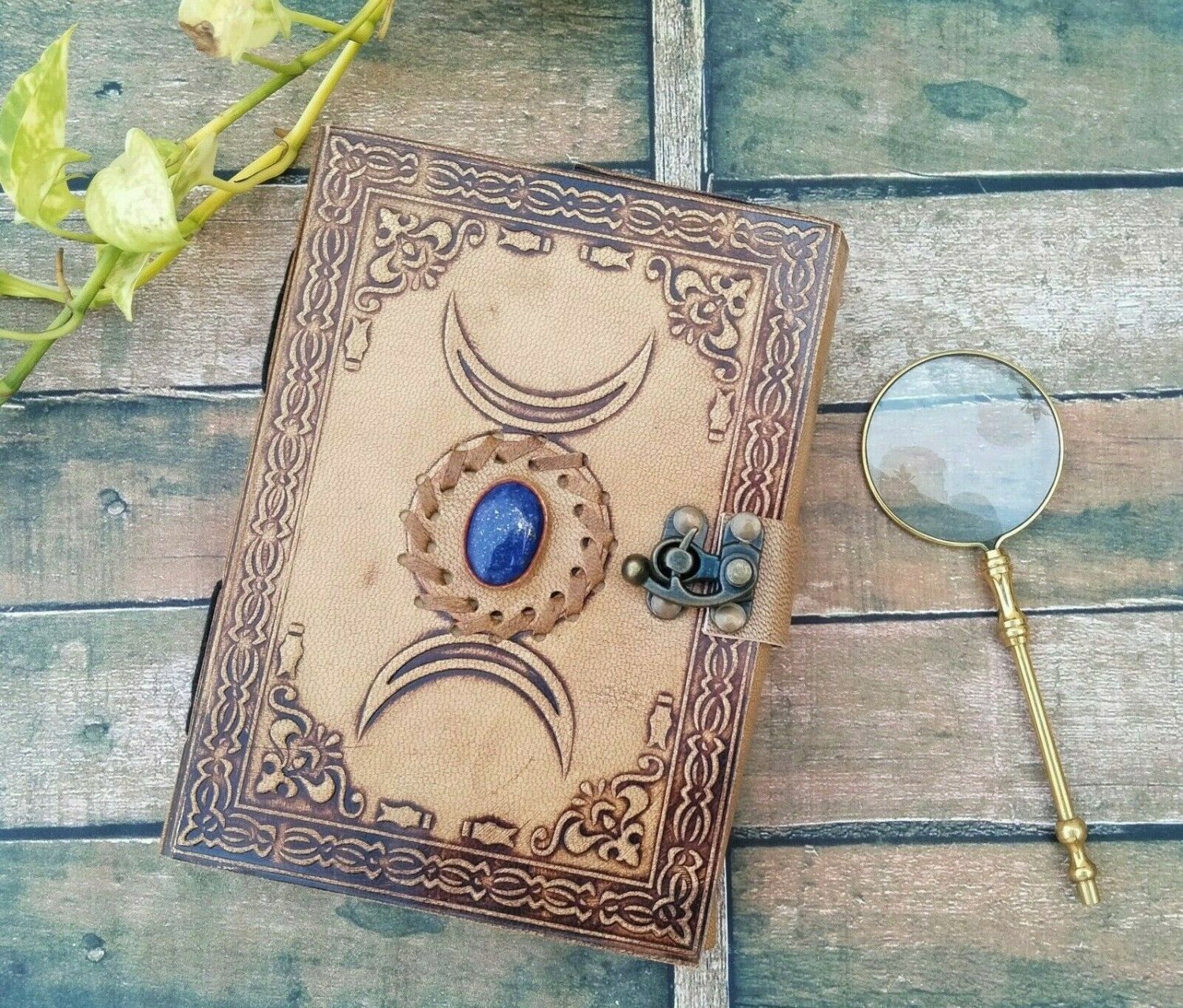 Vintage Leather Journal third eye stone journal Diary With Brass Magnifier